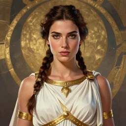 portrait of lara croft as palas athena, the greek goddess of wisdom and war, rossdraws, ilvya kuvshinov, intricate, elegant, big lips, luxurious white robes and golden jewelry on her, stylized background, matte painting, maya, pixar, cinematic lighting, artstation, highly detailed, masterpiece, epic