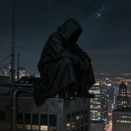 dark cloaked figure, perched on a skyscraper, close full figure, night, starry sky in the background, procreate, artstation hq, realistic painting, gritty, dark colors