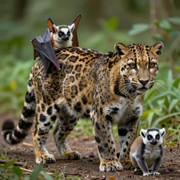 An animal with the body of a clouded leopard, tail of a lemur, and ears of a bat-eared fox, high quality nature photography, National Geographic, f2.8, 35mm lens.