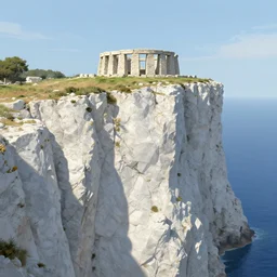 concept art of a small cliff, made of white marble with a stone henge at the top of it seen from far away, art station front page, digital art, beautiful day, mediterranean