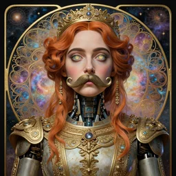 1 9 4 0 s robot, dmt, large metal mustache, face of emma stone, benevolent, nebula background, glowing eyes, detailed realistic surreal retro robot in full regal attire. face portrait. art nouveau, visionary, baroque, giant fractal details. vertical symmetry by zdzisław beksinski, alphonse mucha. highly detailed, realistic
