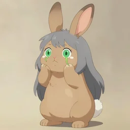 Small anthropomorphic 1.50 metres tall bunny with green eyes, grey hair, light brown body with a light-coloured spot on her belly going to the end of her tail, middle-sized ears and fluffy paws touching her cheeks with white spots under her eyes from which two tendrils grow, anime style