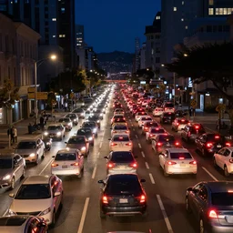 eos r 5 photo of traffic jam in san francisco at night, cars in foreground