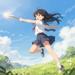 “an action shot of a girl dodging an arrow midair, anime style”