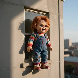 screaming chucky doll hanging out the window of a tall building
