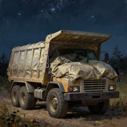 classic oil painting, a dump truck inside a large bed half way under the covers, night time, night sky, stars above, very low lighting, as a dnd character, cottagecore, highly detailed, digital illustration, concept art, smooth, sharp focus, art by greg hildebrandt, and tim hildebrandt