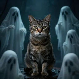 a cat in a world full of ghosts, professional photo, professional lighting, trending on artstation, hdr, by albert bierstadt, well detailed, horror, in the style of stephen king, dark, mysterious, sinister