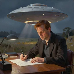 fox mulder sitting at a desk drawing a ufo, oil painting