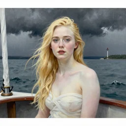 Painting of Elle Fanning on a boat during a storm, long blonde hair, delicate, pale milky white porcelain skin, by Norman Rockwell and Edward Hopper. Extremely detailed.