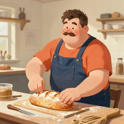 painting of chubby mechanic with mustache baking bread