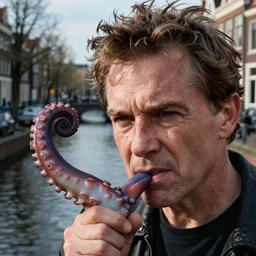 closeup portrait of a not amused man grabbed by a kraken tentacle in an amsterdam canal, photograph, natural light, sharp, detailed face, magazine, press, photo, steve mccurry, david lazar, canon, nikon, focus