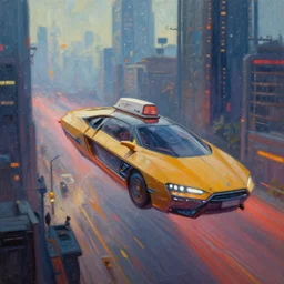 flying futuristic taxis in cyberpunk city, oil painting
