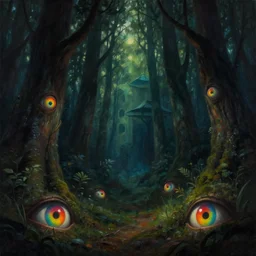 a dark fantasy forest with rainbow eyes hiding in the dark. hyperrealist fantastic and absurd. science fiction and fantasy illustration. richly colored painting by don ivan punchatz.