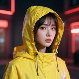 A hyper realistic and detailed head portrait photography of a woman wearing a futuristic yellow raincoat with hoodie by Zhang Jingna. Neo noir style. Cinematic. Swirly bokeh. Red neon lights and glow in the background. Lens flare.