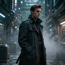 Movie poster, cyberpunk, futuristic, technology, one detective in trench coat looking away from the camera, cinematic lighting, depth of field, highly detailed, volumetric fog, dark, moody, gritty