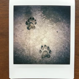 paw prints in wet concrete, polaroid photo,