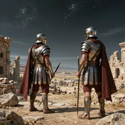 space roman legionnaires year 2250 overlooking ruined horizon