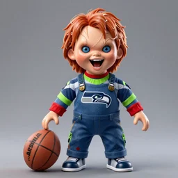screaming chucky doll as a seattle seahawk football player, seattle seahawk football player as a screaming chucky doll by greg rutkowski and thomas kinkade, trending on artstation, 3 d render octane