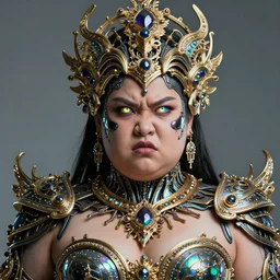 upper body portrait of angry futuristic cyborg galactic himba young fat empress, organic cyborg, intricate, ornate, future baroque, luminous prosthetic eyes, iridescent onyx and gold