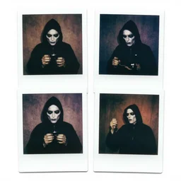 polaroids of grim reaper, surrealistic collage art
