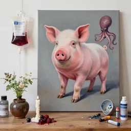 “ a portrait in a female art student ’ s apartment, sensual, a pig theme, pork, art supplies, surgical iv bag, octopus, ikebana, herbs, a candle dripping white wax, japanese pottery, squashed berries, berry juice drips, acrylic and spray paint and oilstick on canvas, surrealism, neoexpressionism ”