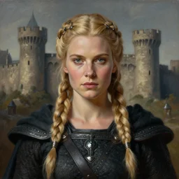 a super detailed matte portrait painting of ellen barkin as a viking queen with blonde hair braided with obsidian wires, castle setting, hires, 4 k, symmetrical, centered, art by tim hildebrandt, gerald brom, frank frazetta, michael whelan, keith parkinson