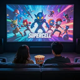 a couple sitting on the couch watching movie with popcorn, dramatic lighting, digital art game splash screen for supercell, featured on artstation