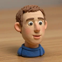 mark zuckerberg !!! very extremely realistic!!! extreme likeness!!! smooth specular clay! extremely close smooth specular sculpted headshot of mark zuckerberg clay puppet , soft light, on wooden table. style: claymation puppet kids clay , by guldies