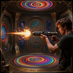 man shoots a blaster, he fires a blaster at the murmurs of murderers, perspective, spaceship room, ultra clear detailed, face, in detail, dark room, side profile centered, by artgerm, cushart krenz, greg rutkowski, james jean. art nouveau. gloomhaven, swirly vibrant ripples, gaudy colors, sharp edges.. 8 k. elegant, intricate, golden ratio, octane render