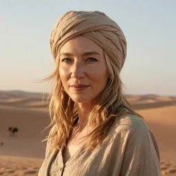 hyperrealistic photograph of cate blanchett , wearing a turban, lit by dawn light, desert ,