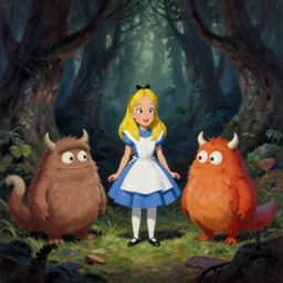 a scene of 3 colorful cartoon monsters in the clearing of a dark fantasy forest surrounded by darkness. hyperrealist illustration. muted colors. 1 9 7 0's pulp science fiction and fantasy cartoon for alice in wonderland and wizard of oz. highly detailed and richly colored painting by don ivan punchatz