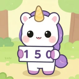 cute anthropomorphic unicorn holding sign saying'1 5 0'