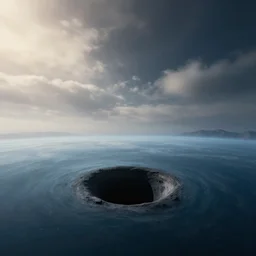 A black hole viewed from the surface of an ocean planet, sparse mountains on the horizon, clouds, light fog, dramatic lighting, stunning, art by Jessica Rossier