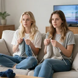 two white females sitting on a couch knitting watching tv photorealistic - n 9