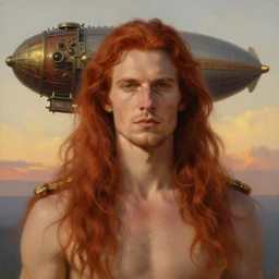 realist portrait painting of a handsome face rugged long hair crimson hair male captain minimalist clothing top half portrait soft flowing hair elegant steampunk wood brass ornate mechanical zeppelin airship in far background sky sunset golden hour fantasy rugged book cover art atmospheric lighting art by mullins rutkowski bussiere