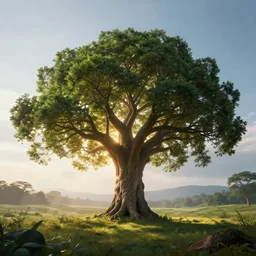 a serene landscape with a powerful tree of life in the middle, volumetric illumination, octane render, cinematic lightning, 8 k
