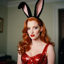 film portrait, fine art photography of jessica chastain as jessica rabbit, head and shoulders photography. red sequin ballgown dress. kodak ektar 4 0 0. canon f 1. 2. detailed, realistic