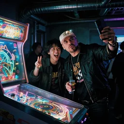 pitbull taking a selfie with a fan while trapped in a pinball machine in 1 9 8 5, y 2 k cybercore, industrial low - light photography, still from a kiyoshi kurosawa movie