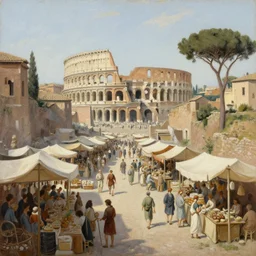 view of a ancient roman city market, rome, oil painting, landscape.