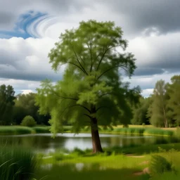 a tree near a pond, swirly clouds in the background, fantastic landscape, hyperrealism, no blur, 4k resolution, ultra detailed, style of Anton Fadeev, Ivan Shishkin, John Berkey