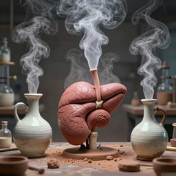 an alchemical laboratory made from ceramic alembics distilling voices, vapour, air flow, clay, no humans, alchemical drawing, steam, larynx, oesophagus texture, 8 k, unreal, high resolution, vivid colours,