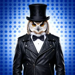 one owl wearing black biker jacket, portrait photo, backlit, background has kobalt blue polka dots, studio photo, suit, bow tie, tophat, tophat