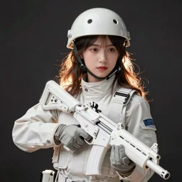 an android soldier caring a heavy white gun, realistic »