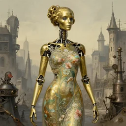 brass semi - mechanical woman, portrait, floral art nouveau dress, art by ardian syaf and moebius, in steampunk cityscape