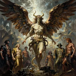 demon with wings in the style of boris vallejo, hajime sorayama, peter mohrbacher, wayne barlowe, gustav moreau, bussiere, roberto ferri, santiago caruso, luis ricardo falero, austin osman spare, dali