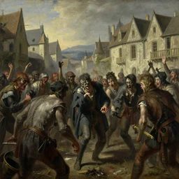 zombies attack medieval town, close up, painting by gaston bussiere, craig mullins, j. c. leyendecker, 4 k, 8 k, trending on artstation, artstationhd, artstationhq, highest detail