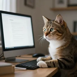 cat on a computer writing prompts to an ai image generator