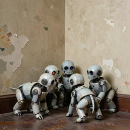 little cyborg puppies playing in the corner of a room with peeling wallpaper and paint on the walls, ultra realistic, dramatic lighting, intricate details, highly detailed by peter mohrbacher, boris vallejo, hajime sorayama, wayne barlowe,