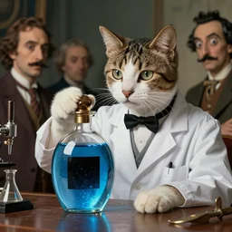 an aristocratic cat dressed as a scientist intrigued by a refined little transparent flacon filled with magic blue iridescent liquid, there is a big black square on the bottle, art highly detailed, by frank frazetta, keith parkinson and greg rutkowski and aleksandra skiba and salvador dali, concept art,