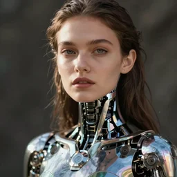 close - up portrait of beautiful young woman with cybernetic dress, art by tim walker